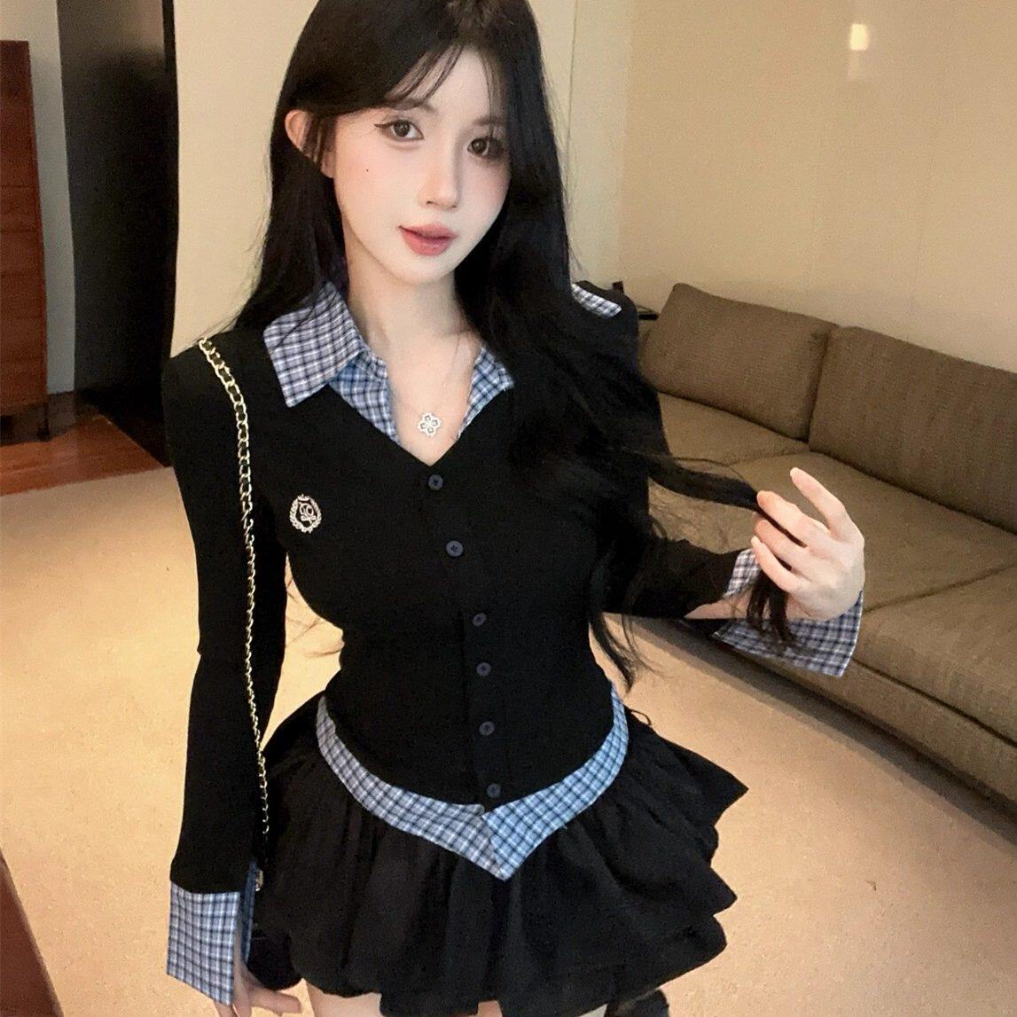 美式jk制服辣妹小众拼接