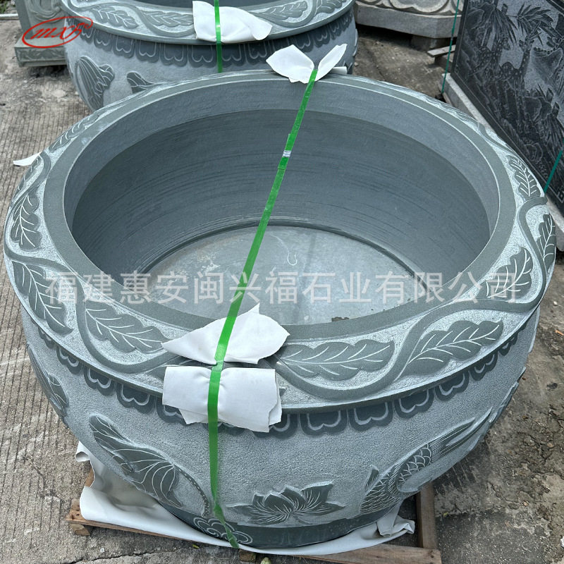 石雕鱼缸花盆庭院浮雕荷花花钵景观花岗岩鱼池圆形水缸摆件批发