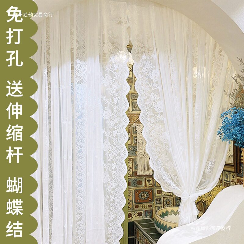 免打孔纱帘法式装饰半帘蕾丝窗帘复古卧室隔断帘玄关帘门帘