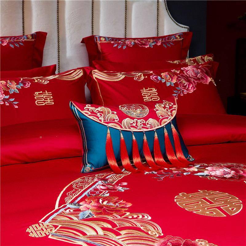 yt大红色纯棉小MPM抱枕带芯子精致x刺绣结婚床品件孙枕婚庆配可拆