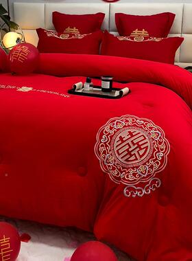 喜被式大纤维冬豆被加厚棉被红色中刺绣结上婚被子被芯婚庆床PDP