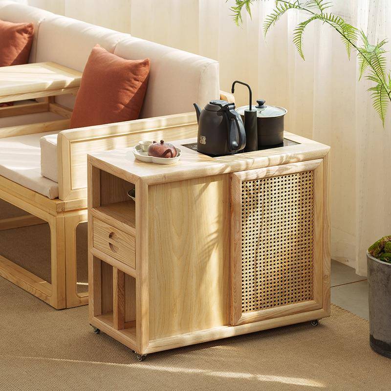 新中式移茶水柜烧水壶一实体家用黑胡桃下置水桶木NYT沙侧发边动