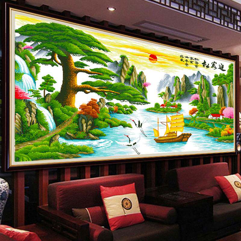 5D钻石画客厅迎客松风景十字绣新款山水大幅点贴钻石绣圆钻砖石秀
