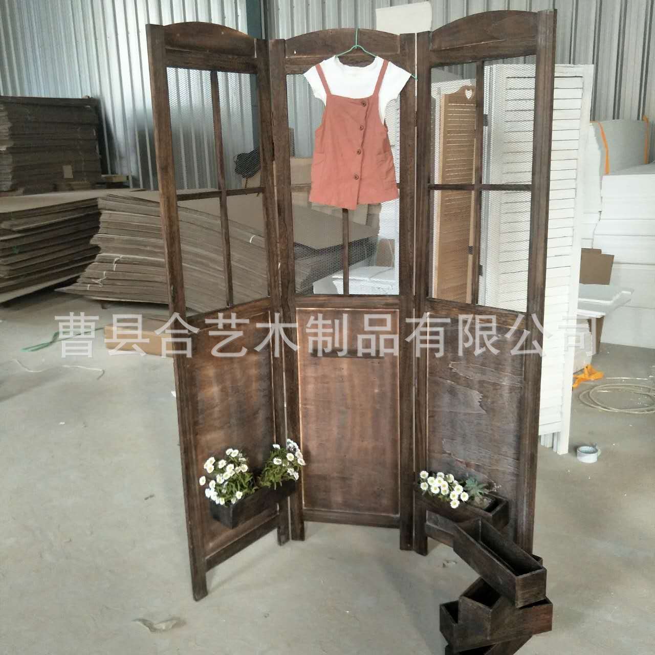 厂家供应田园复古木质花盒屏风 可折叠可移动铁网隔断屏风