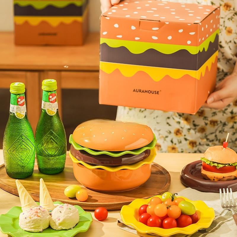 汉包造型好看的LHA创盘子碗套装陶瓷意餐具可爱菜堡盘甜釉品碟下