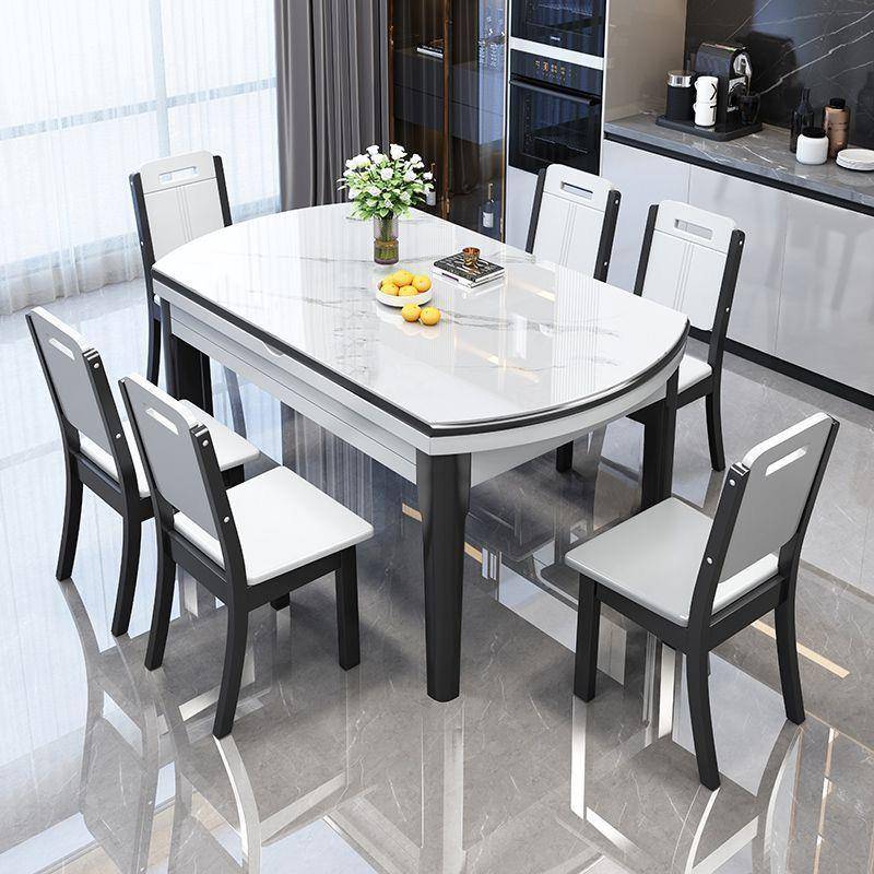 意式轻奢亮光岩板餐桌家用现代简约小户型实木桌子椅子可折叠圆桌