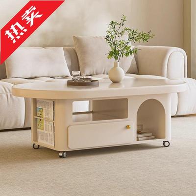 实木茶几法式奶油风客厅家用设计师艺术小户型高级椭圆形茶桌带轮