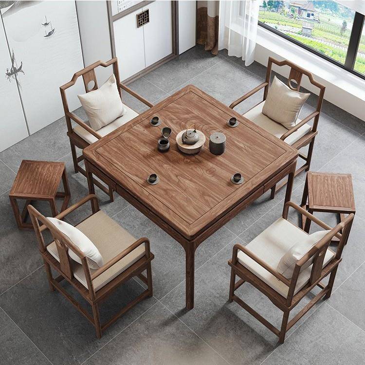 老榆木新中式纯实木餐桌椅小户型四方桌子原木八仙桌打牌掼蛋桌