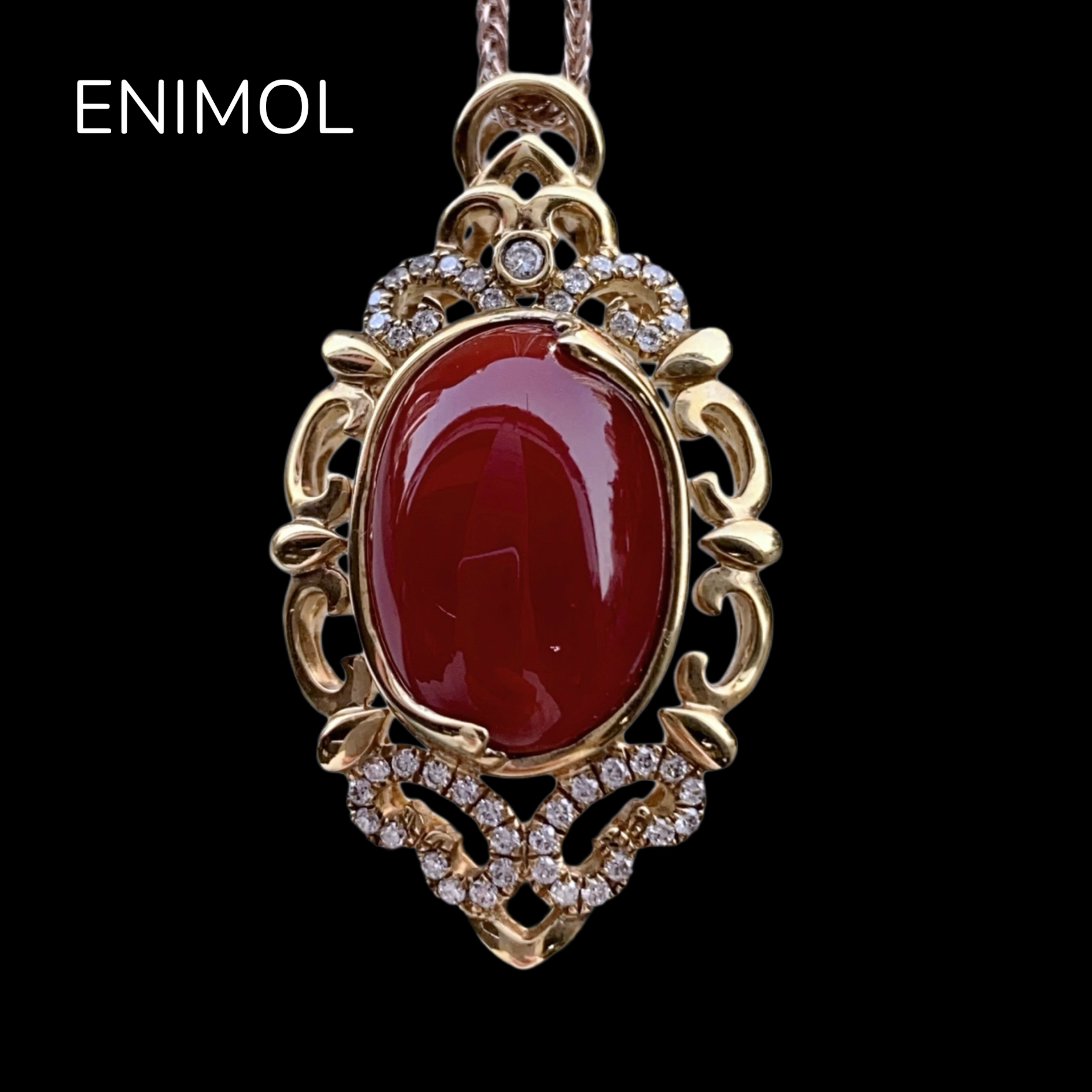 ENIMOL日本aka阿卡珊瑚牛血色蛋面吊坠蝙蝠福寿纹18k金钻石镶嵌