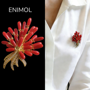 ENIMOL意大利沙丁红珊瑚水滴花簇 胸针 时尚百搭 合金镶嵌