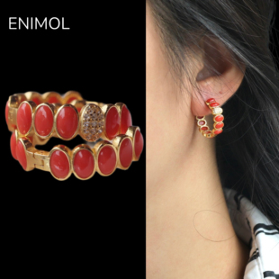 ENIMOL意大利沙丁红珊瑚925银镶嵌耳饰女小众高级感不撞款耳环