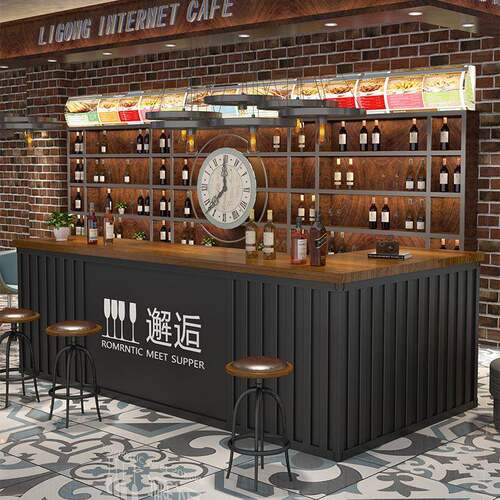 酒吧吧台收银台店铺小型餐厅铁艺转角柜台工业风健身房前台接待台