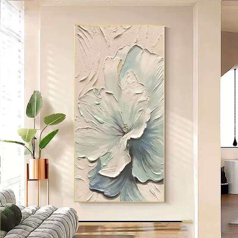 纯手绘油画奶油风蓝色花卉玄关装饰画高档立体肌理走廊过道挂画
