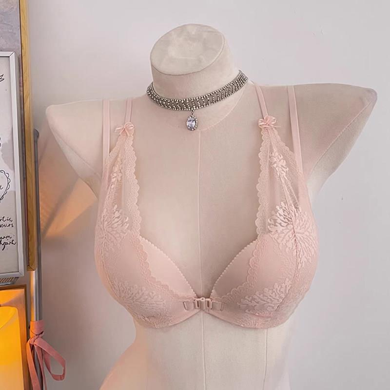 浪漫蕾丝前扣内衣女小胸聚拢显大无钢圈交叉美背霞粉色少女文胸罩