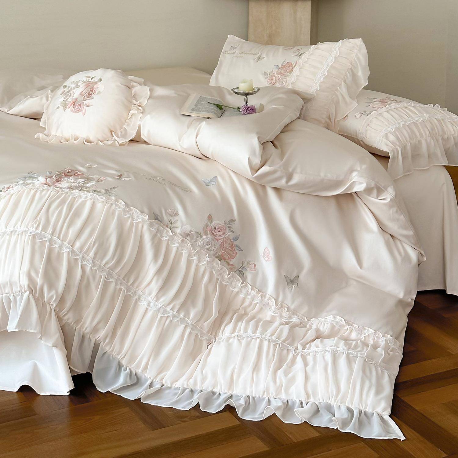 浪漫唯美公主风超柔全棉四件套蕾丝刺绣纯棉被套床单女生床上用品