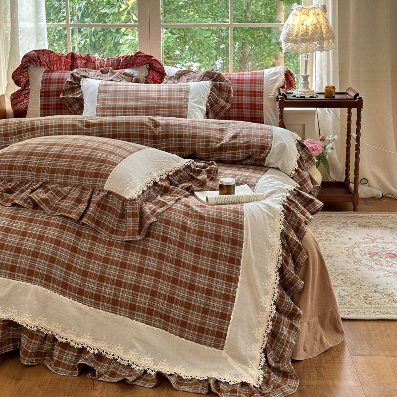 复古格纹绉布双层纱四件套全棉蕾丝荷叶边森系床上用品1.8米床单