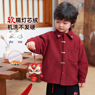 男孩灯芯绒上衣一体绒外套 新款 儿童衬衫 加绒男童红色衬衣2025冬季