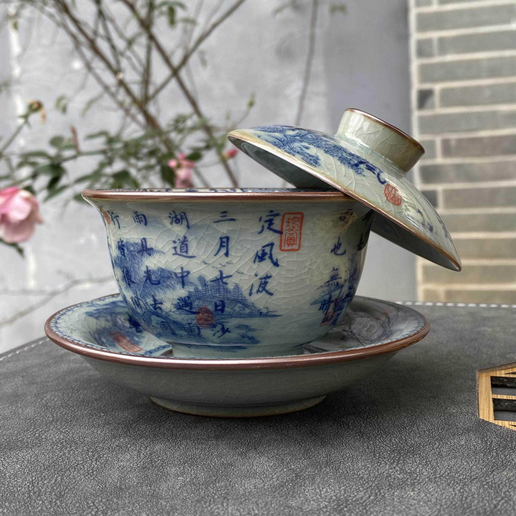 景德镇可悬停老陶泥开片定风波盖碗单个复古陶瓷三才泡茶碗喝茶杯