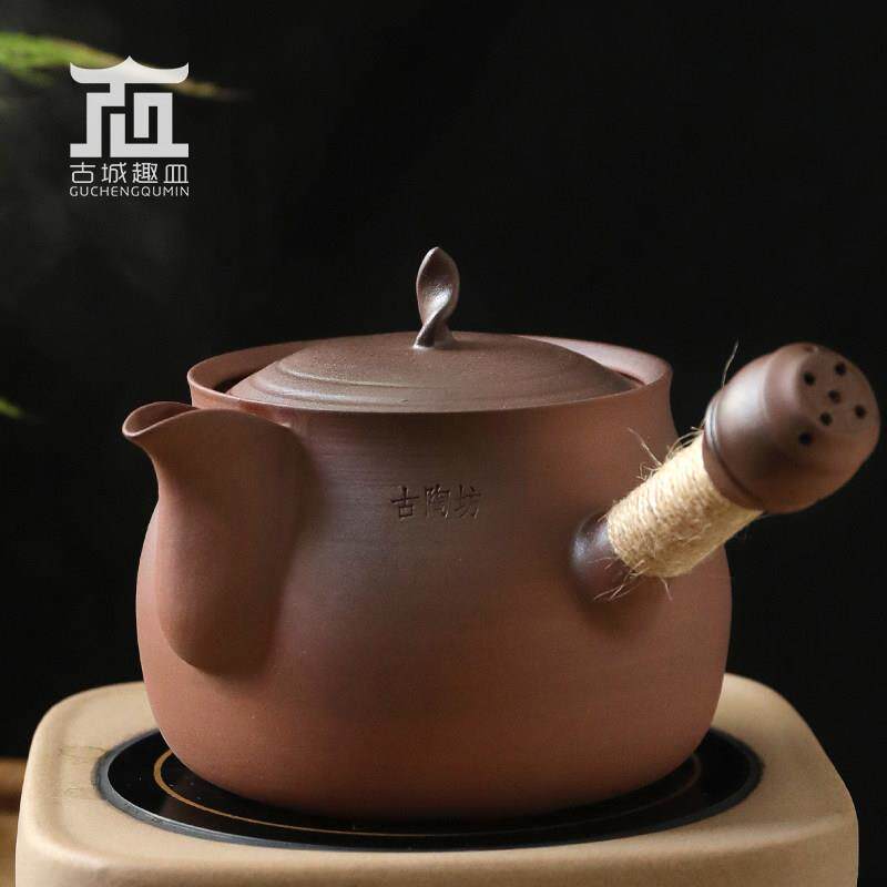 中式复古侧把煮茶壶 老岩泥1200ML烧水砂铫 潮州产半手工茶壶 电