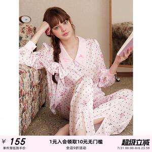RooMance汝曼司原创波点粉玫瑰印花冰丝睡衣女款夏季家居服两件套