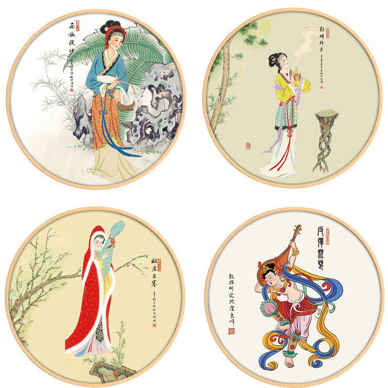 贵妃醉酒貂蝉拜月西施四大美女挂画飞天圆形装饰画仕女图古典古代