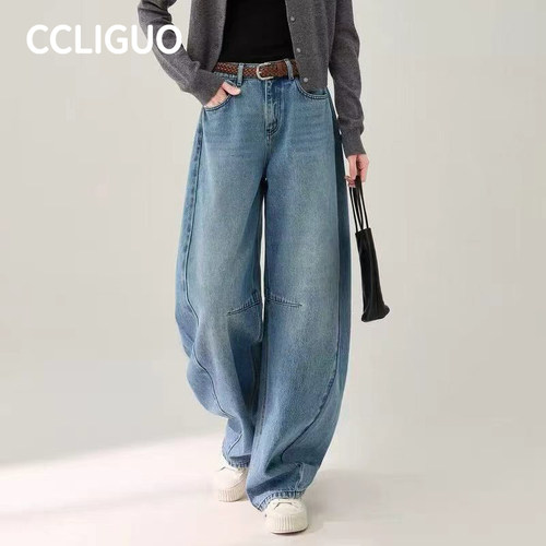 CCLIGUO复古蓝弯刀牛仔裤女高腰宽松阔腿裤显瘦遮肉拖地长裤
