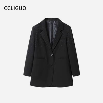 CCLIGUO气质烫钻黑西装外套