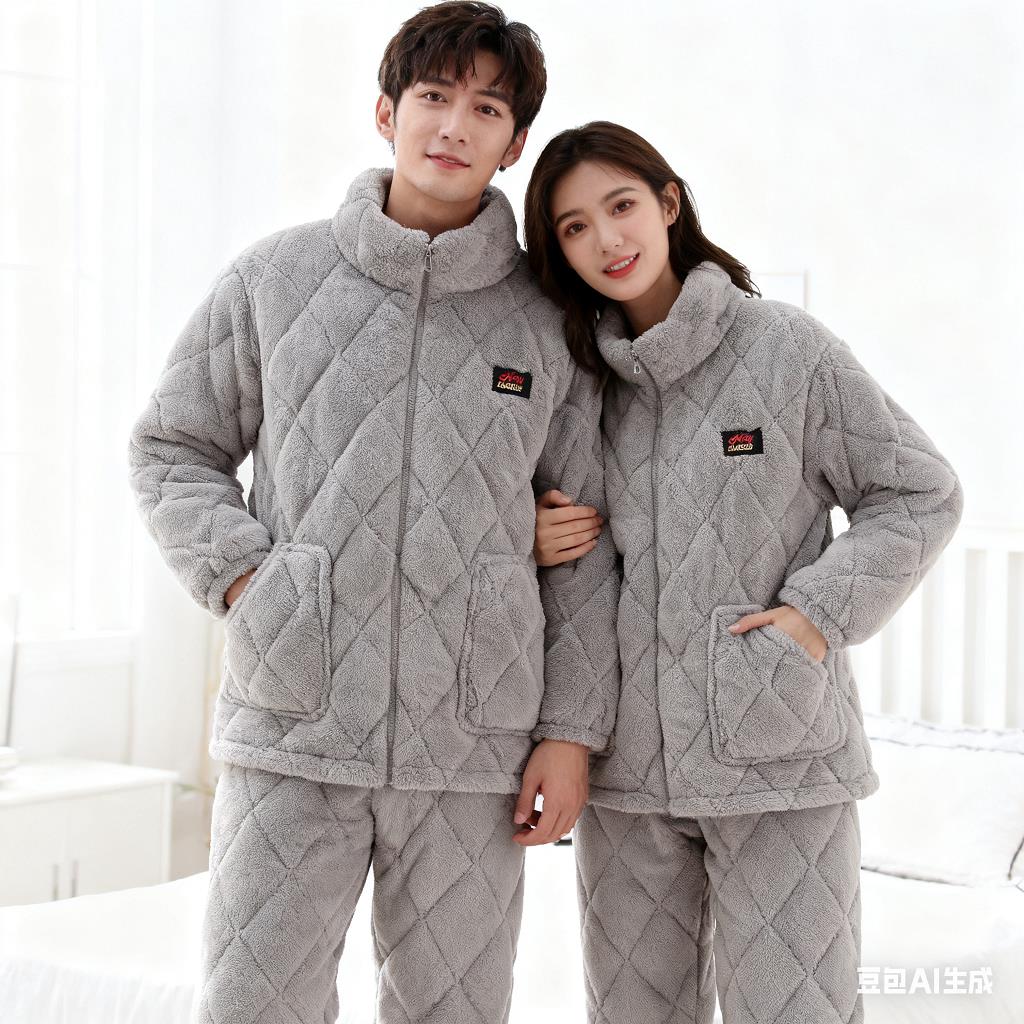 加绒保暖夹棉袄加厚珊瑚绒睡衣男女冬季三层夹棉情侣家居服套装