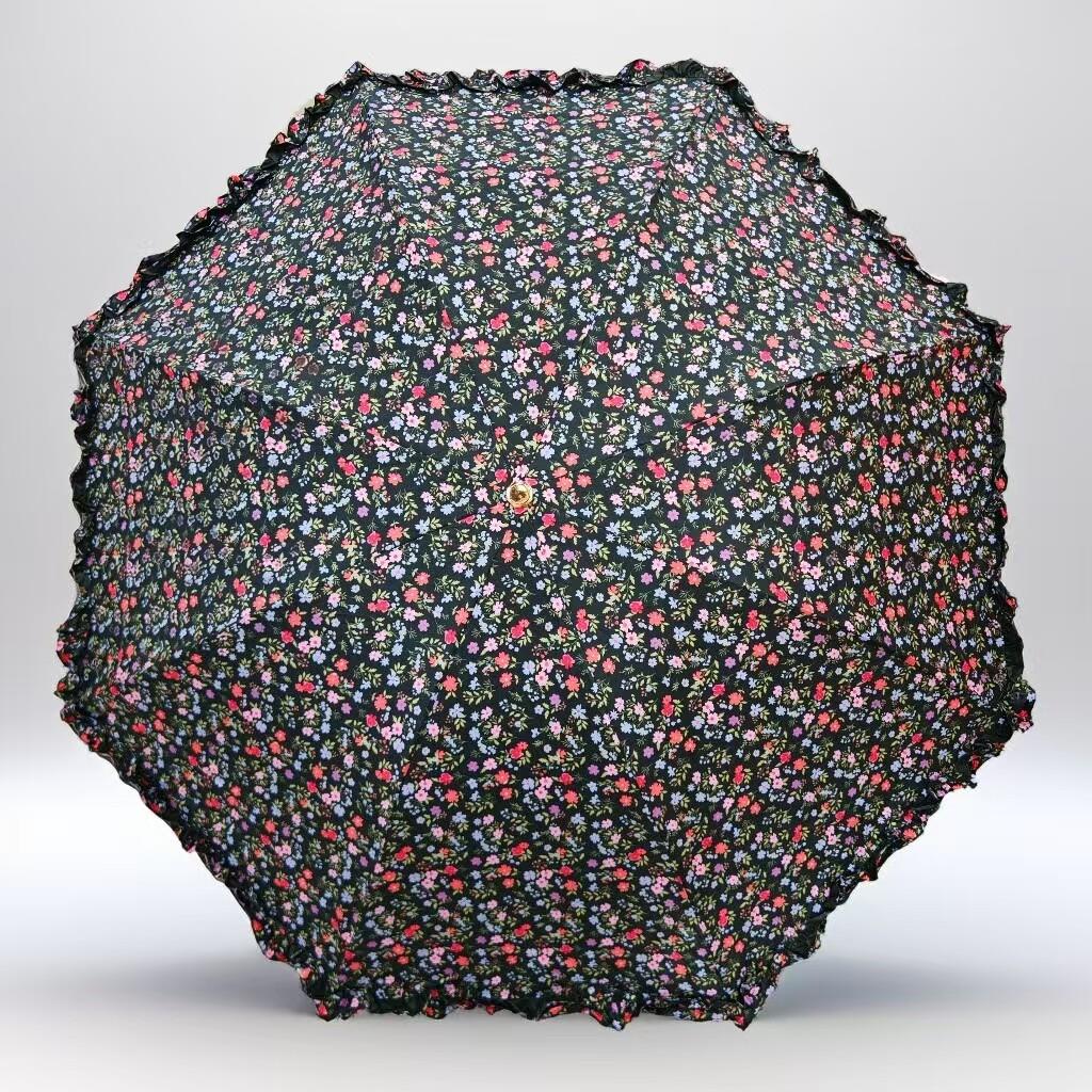ins小清新田园风花边黑色防晒晴雨两用伞韩版碎花加固防风太阳伞