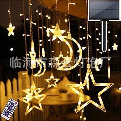 新款高亮太阳能遥控星星月亮窗帘灯圣诞彩灯冰条灯带瀑布造型串灯
