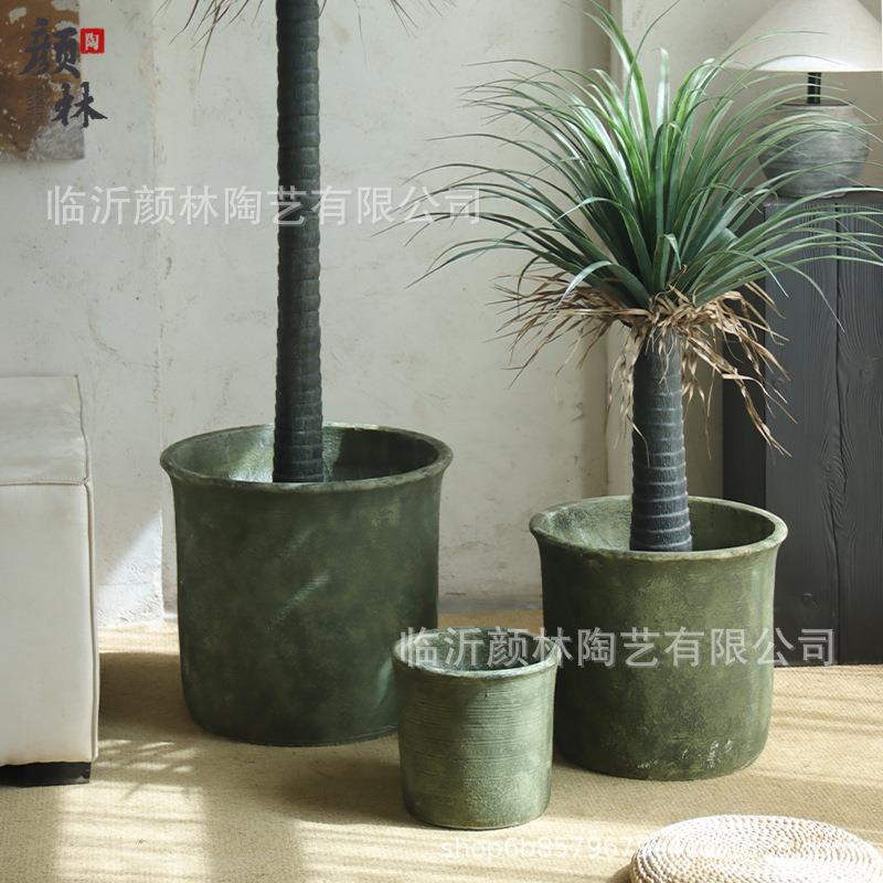 青苔色圆柱大口径水泥花盆客厅阳台酒店商场大型绿植种植装饰盆