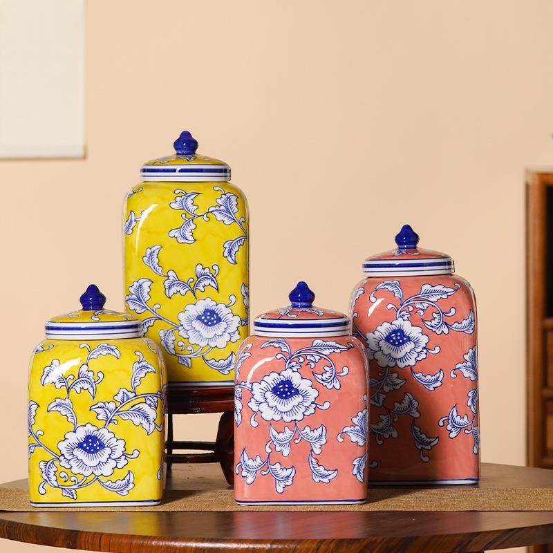 新中式帝王黄色方形储物罐红色陶瓷花瓶轻奢仿真花插花瓶软装饰品