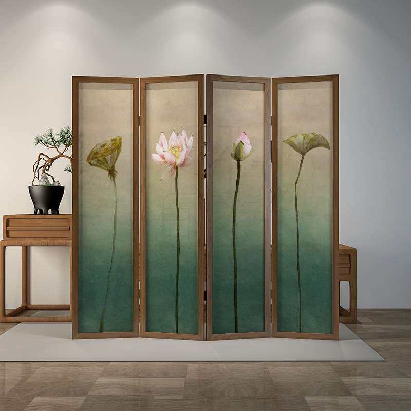 新中式荷花折叠屏风隔断客厅可移动入户遮挡酒店茶室装饰简约折屏