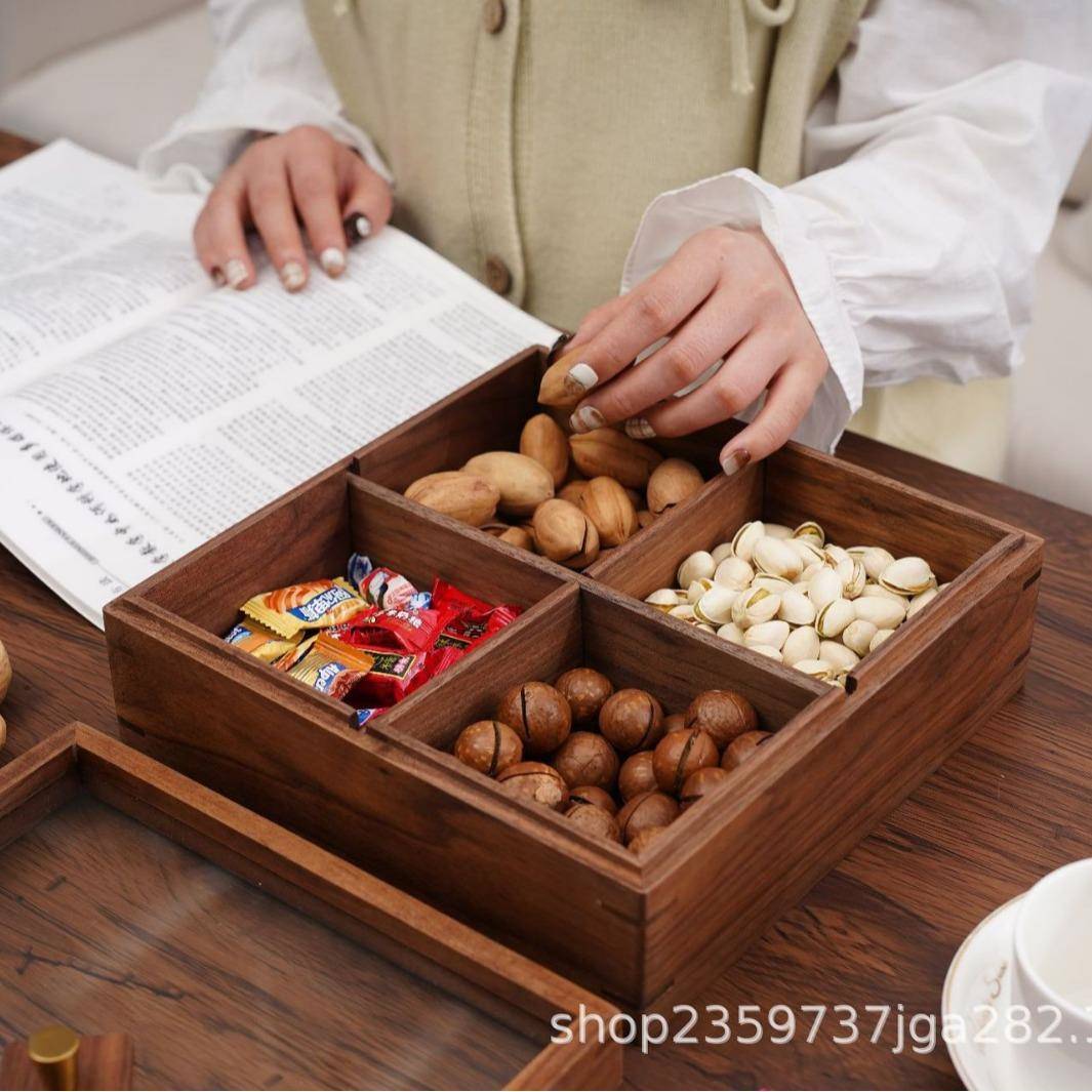 客厅实木果盒中式核桃糖果木质盒家用分格带盖木制坚果盘收纳盒