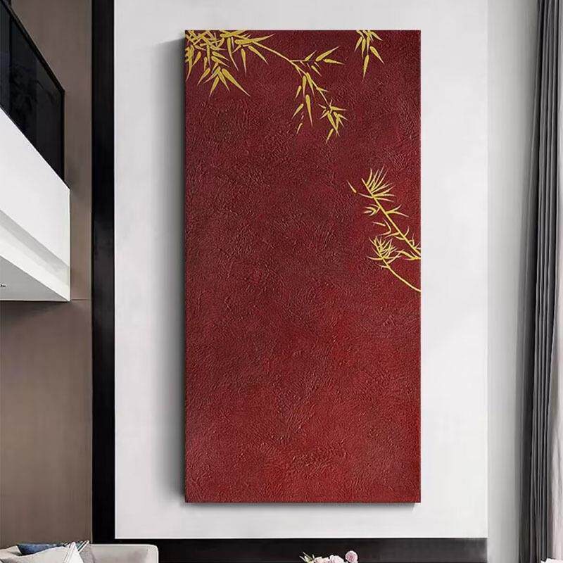 手绘油画奶金竹入户玄幻装饰画手工复古中式红色肌理画寓意好挂画