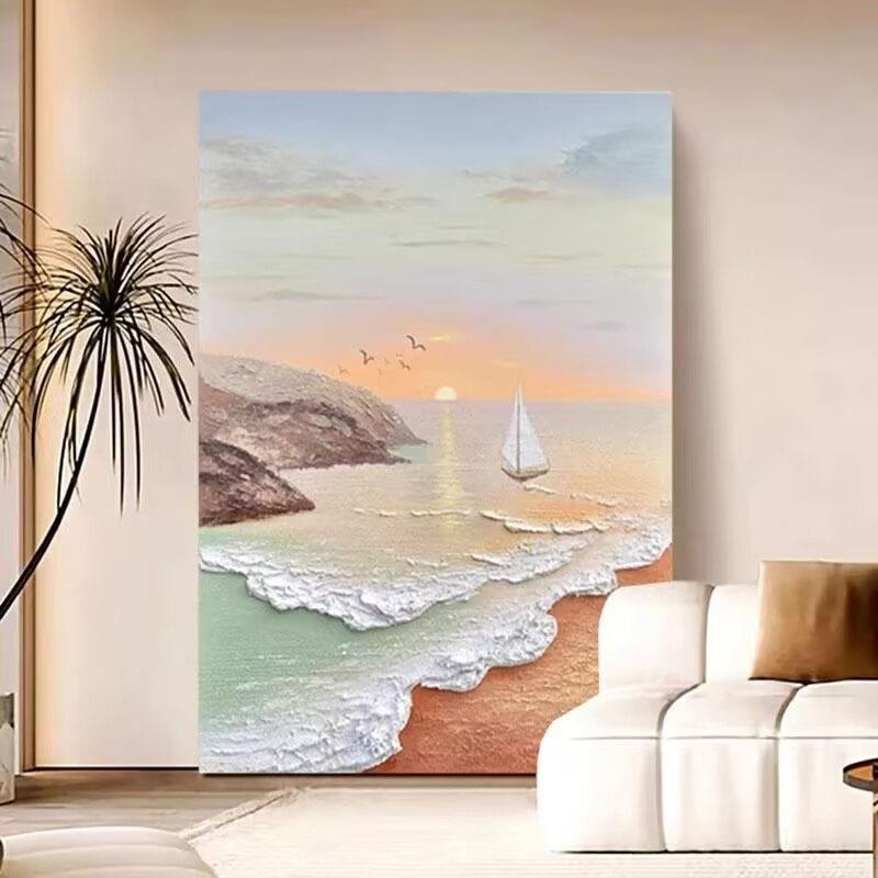 手绘奶油风海景油画一帆风顺客厅装饰画玄关抽象日出海鸥无框挂画