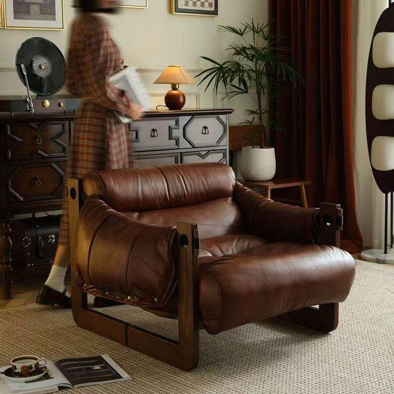 单人沙发椅泽西岛客厅家用中古风皮沙发休闲沙发懒人实木复古躺椅