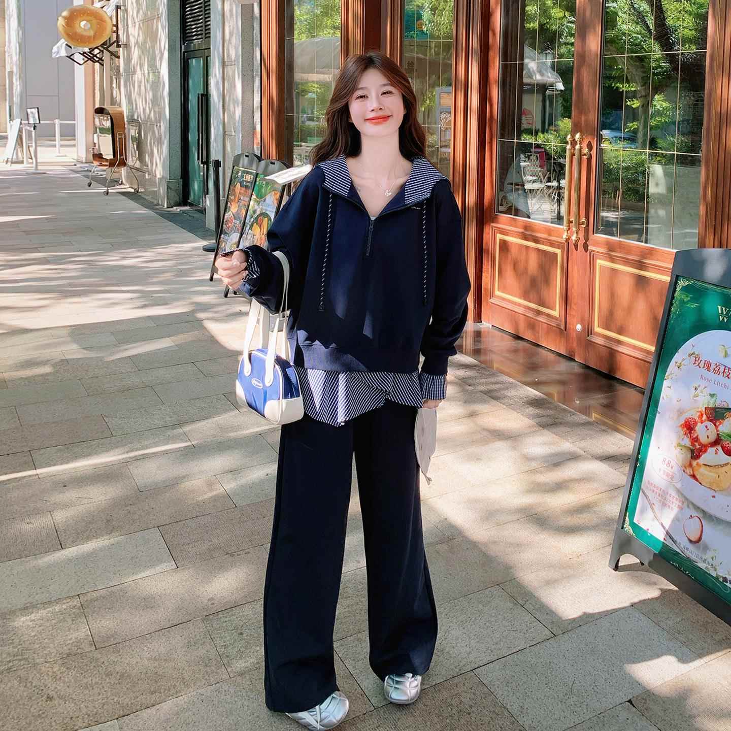 藏青色运动套装女秋季2025新款假两件格纹拼接连帽卫衣卫裤两件套