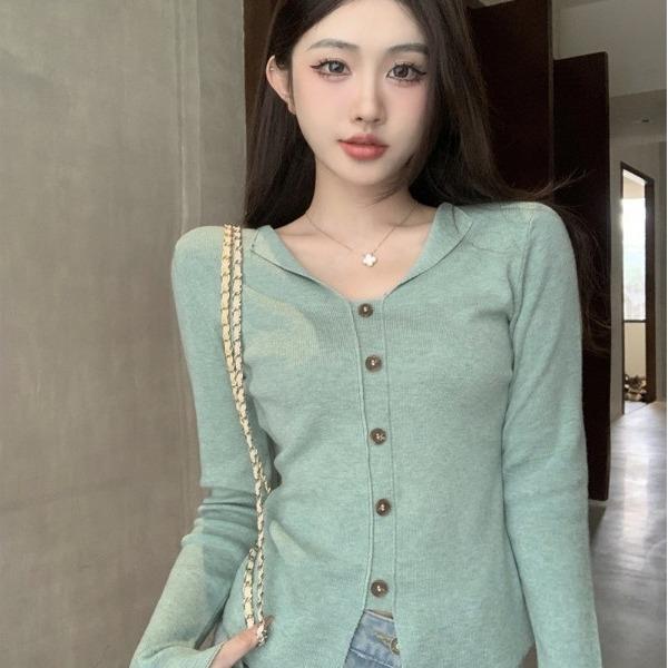 秋季新款女装V领修身独特别致上衣设计感小众长袖针织打底衫内搭