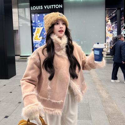 粉色立领皮毛一体羊羔毛外套女冬季加绒加厚小个子保暖短款大衣