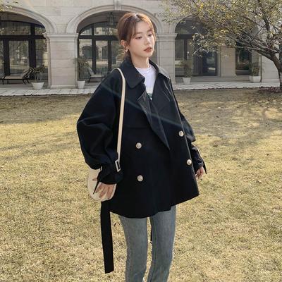 黑色短款风衣外套女春秋2025新款韩版宽松薄款收腰显瘦双排扣风衣