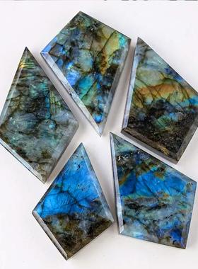 天然拉长石菱形几何体摆件原石打磨蓝月光石家居水晶工艺品摆件