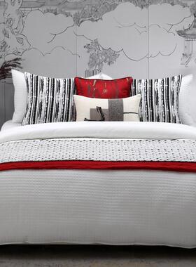 现代新中式红日系列样板房床上用品灰白红色高档多件套样板间床品