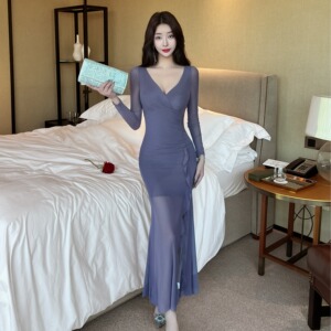 实拍长袖网纱包臀V领打底长款连衣裙8918长袖款