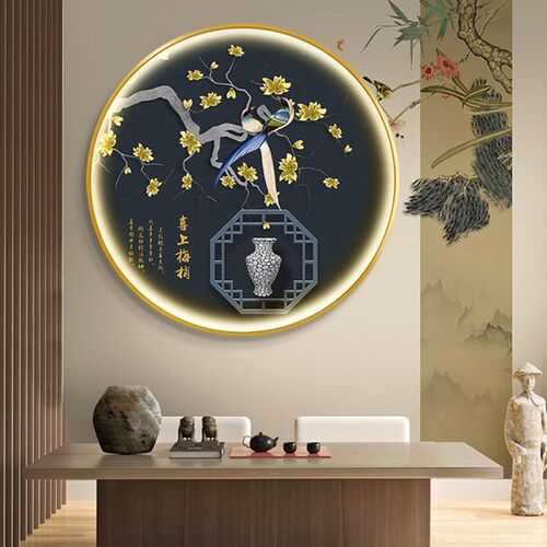 喜上眉梢玄关发光装饰画新中式走廊过道挂画LED灯光画花鸟壁挂画