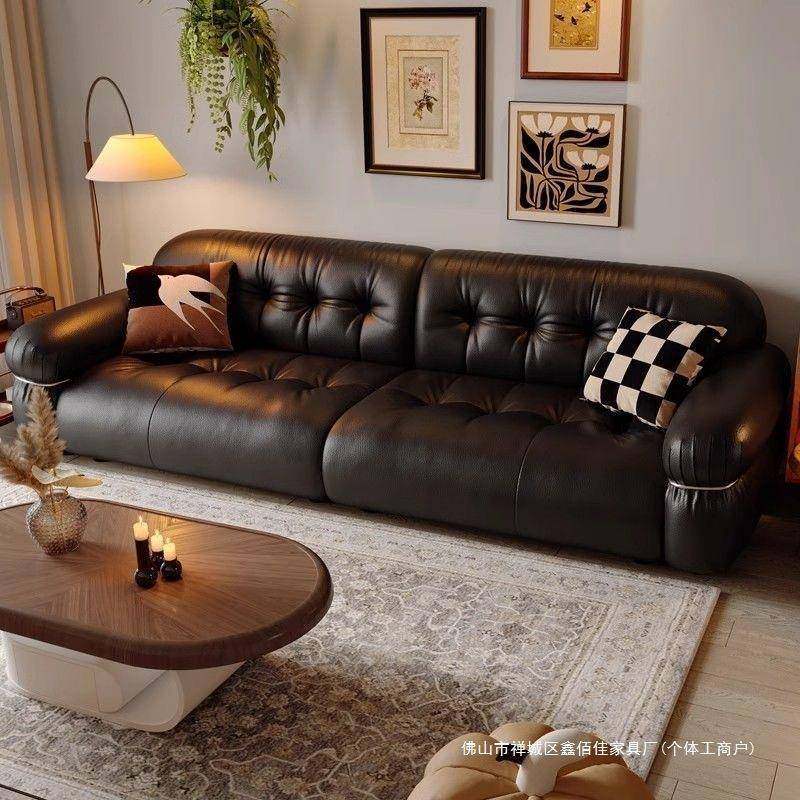 意式极简皮艺沙发现代轻奢家用客厅直排高档法式复古云朵简约沙发