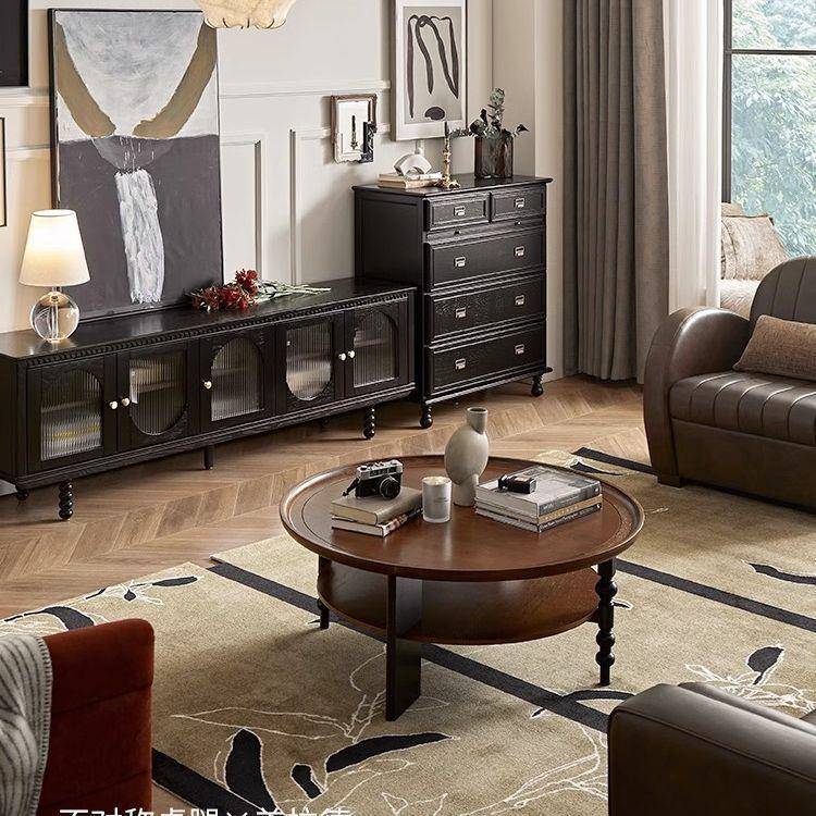 法式复古实木茶几圆形茶桌家用小桌子小户型客厅2025新款