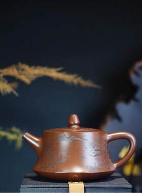 绘景玉柱壶宜兴紫砂壶茶具茶道名家纯手工刻绘文玩茶器原矿茶壶