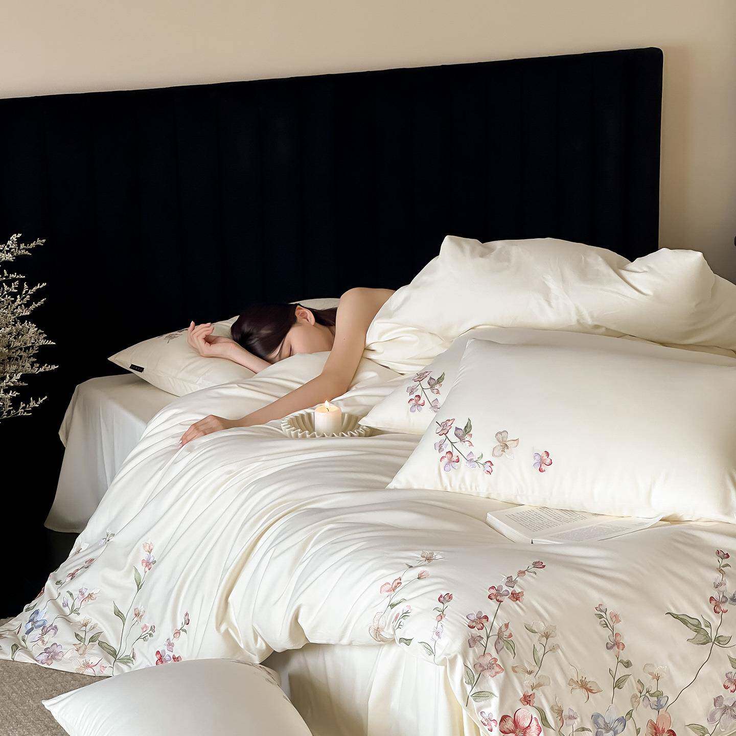 小清新韩式田园风秋冬季全棉磨毛四件套花卉刺绣被套床上用品白色