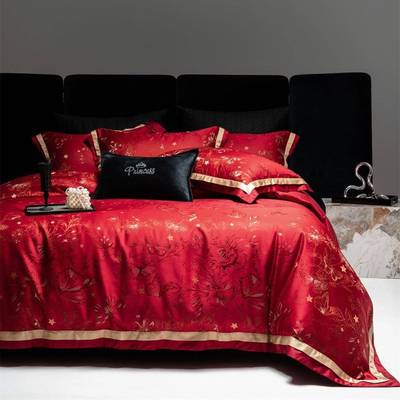 婚庆款色织大提花天丝棉四件套红色喜庆超柔被套结婚床单床上用品